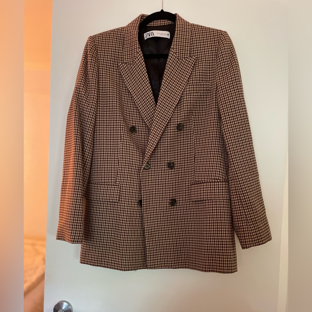 ZARA Brown Houndstooth Double-Breasted Blazer - Picture 8 of 8
